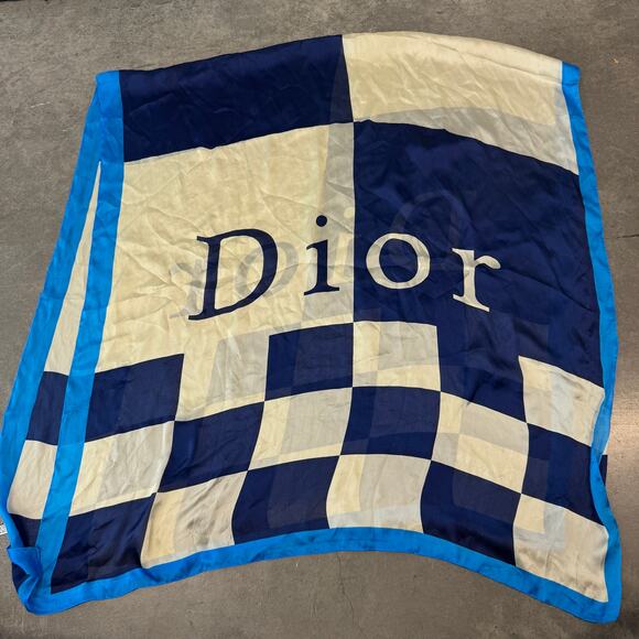 Vintage 90s Christian Dior Silk Blue Cream Checkered Pattern Dior Scarf 73x34 - Picture 2 of 5